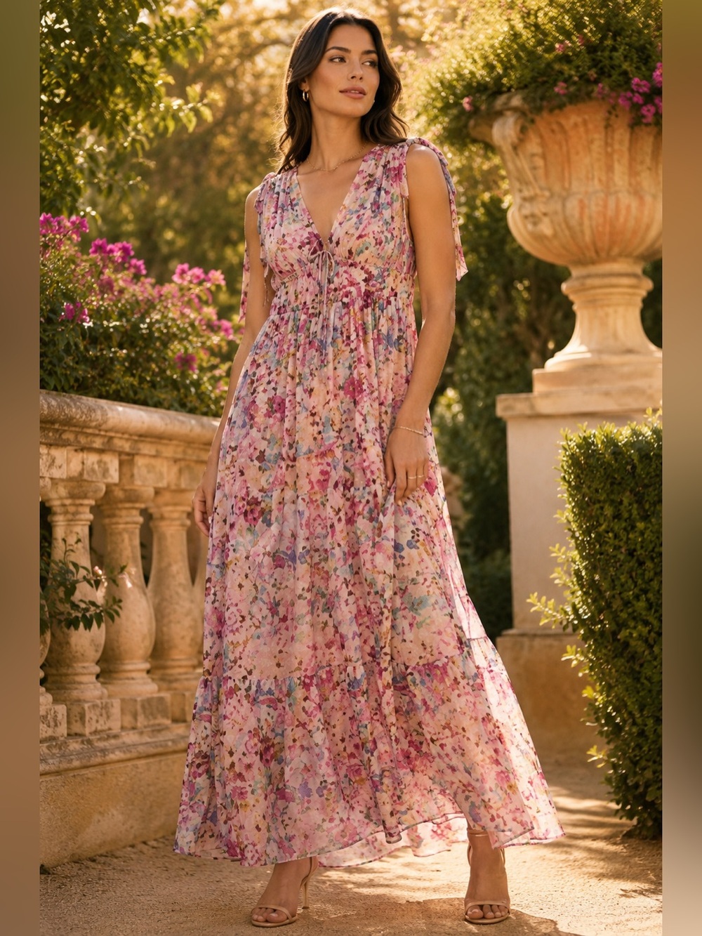 Shoshanna Floral Maxi Dress Size 4 Pink Lined Silk Blend Wedding Tie Shoulder